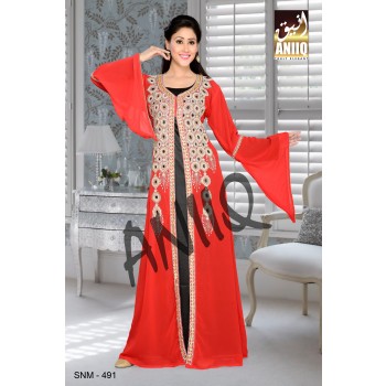 Red And Black Satin   Embroidered   Faux Georgette   Kaftan