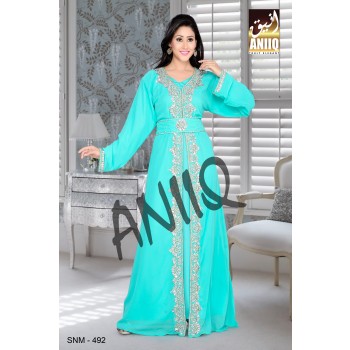 Sea Green   Embroidered   Faux Georgette   Kaftan