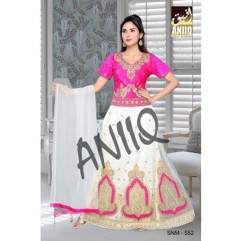 Fuchsia Pink And Off White  Embroidered  Net And Satin  Lehenga With Blouse