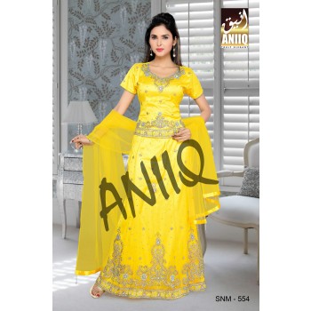 Yellow  Embroidered  Net And Satin  Lehenga With Blouse