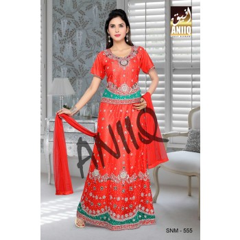 Red And Bottle Green  Embroidered  Net And Satin  Lehenga With Blouse