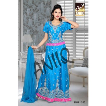 Turquoise Blue And Fuchsia Pink  Embroidered  Net And Satin  Lehenga With Blouse