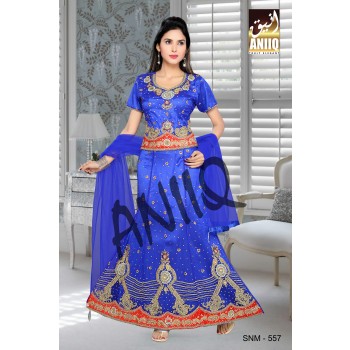 Royal Blue And Red  Embroidered  Net And Satin  Lehenga With Blouse