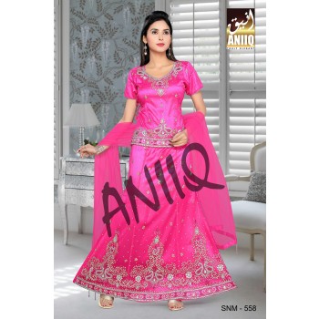 Fuchsia Pink  Embroidered  Net And Satin  Lehenga With Blouse