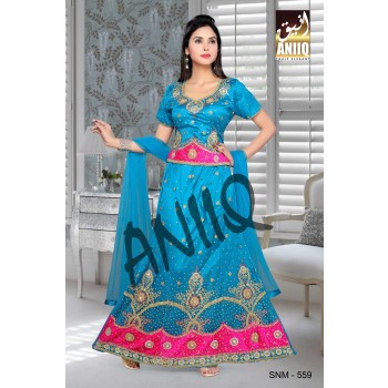 Turquoise Blue And Fuchsia Pink  Embroidered  Net And Satin  Lehenga With Blouse