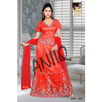 Red  Embroidered  Net And Satin  Lehenga With Blouse