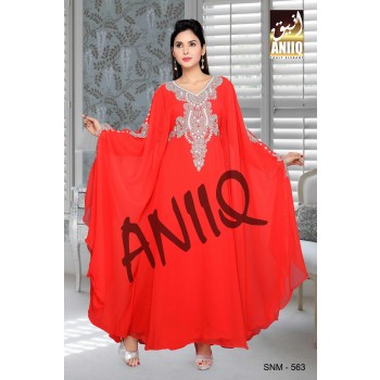 Red  Embroidered  Faux Georgette  Kaftan