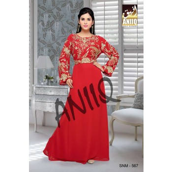 Red  Embroidered  Faux Georgette  Kaftan