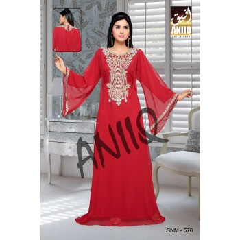 Red  Embroidered  Faux Georgette  Kaftan