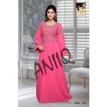 Pink  Embroidered  Faux Georgette  Kaftan