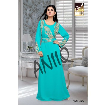 Sea Green  Embroidered  Faux Georgette  Kaftan