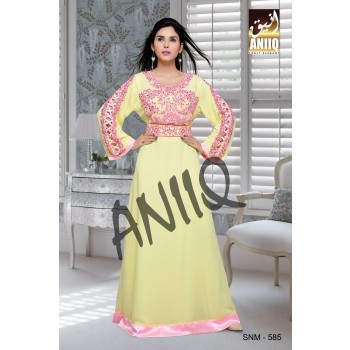 Yellow And Pink  Embroidered  Faux Georgette  Kaftan