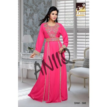 Fuchsia Pink  Embroidered  Faux Georgette  Kaftan