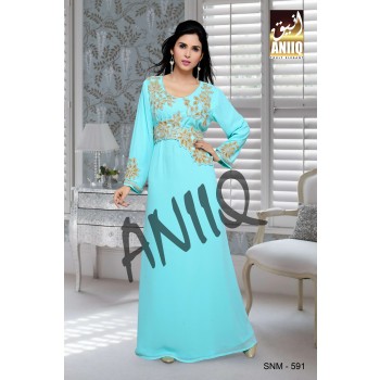 Blue  Embroidered  Faux Georgette  Kaftan