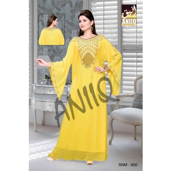 Yellow  Embroidered  Faux Georgette  Kaftan