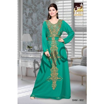 Green  Embroidered  Faux Georgette  Kaftan