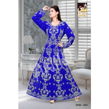 Royal Blue  Embroidered  Faux Georgette  Kaftan