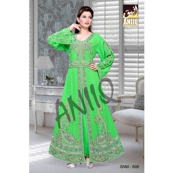 Parrot Green  Embroidered  Faux Georgette  Kaftan
