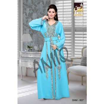 Sky Blue  Embroidered  Faux Georgette  Kaftan