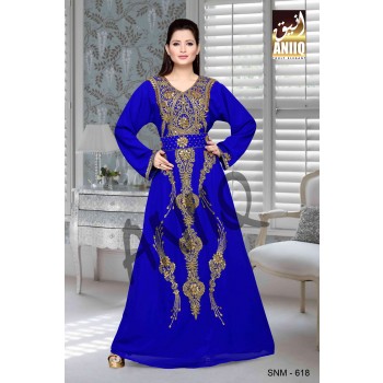 Royal Blue  Embroidered  Faux Georgette  Kaftan