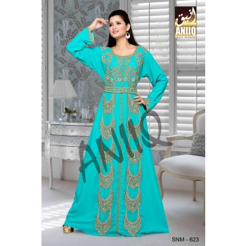 Turquoise Blue  Embroidered  Faux Georgette  Kaftan