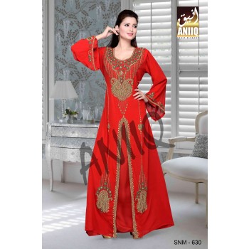 Red  Embroidered  Faux Georgette  Kaftan