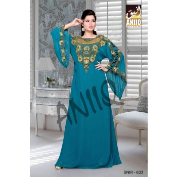 Turquoise Blue  Embroidered  Faux Georgette  Kaftan