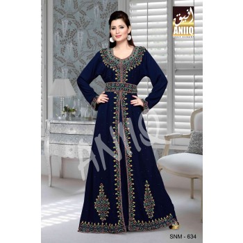 Navy Blue  Embroidered  Faux Georgette  Kaftan