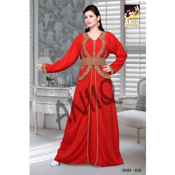 Red  Embroidered  Faux Georgette  Kaftan