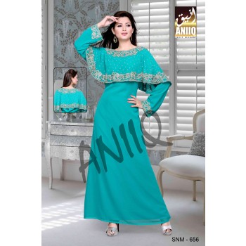 Sea Green  Embroidered  Faux Georgette  Kaftan