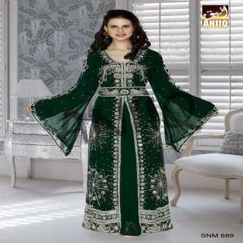 Bottle Green  Embroidered  Faux Georgette  Kaftan