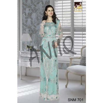 Sea Green   Embroidered   Net And Satin   Kaftan