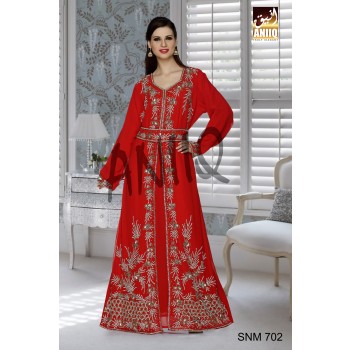 Red   Embroidered   Faux Georgette   Kaftan