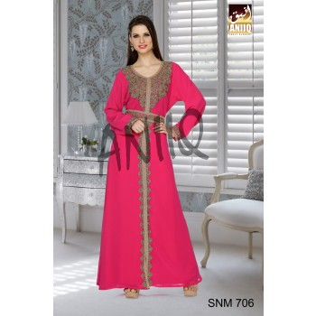 Fuchsia Pink   Embroidered   Faux Georgette   Kaftan