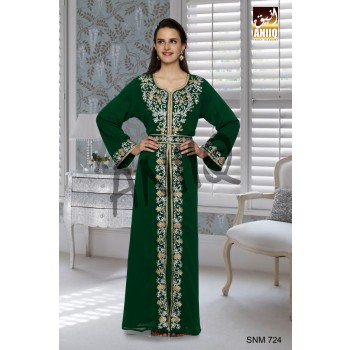 Bottle Green   Embroidered   Faux Georgette   Kaftan