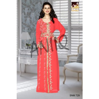 SNM 729	Coral   Embroidered   Faux Georgette   Kaftan