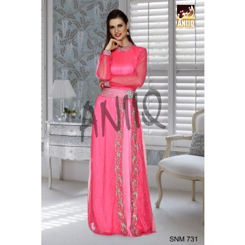 Pink   Embroidered   Net And Satin   Kaftan