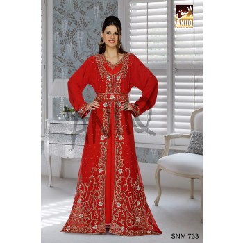 Red   Embroidered   Faux Georgette   Kaftan