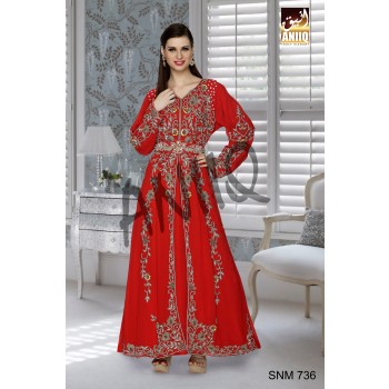 Red   Embroidered   Faux Georgette   Kaftan