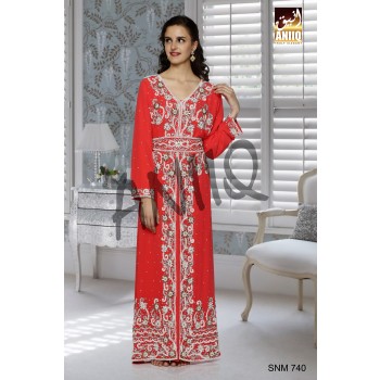 Coral   Embroidered   Faux Georgette   Kaftan