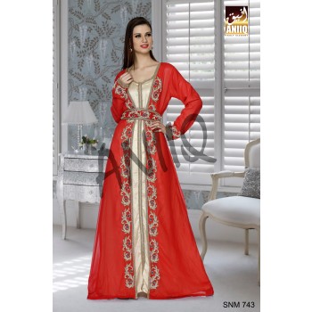 Red And Golden Satin   Embroidered   Faux Georgette And Satin   Kaftan