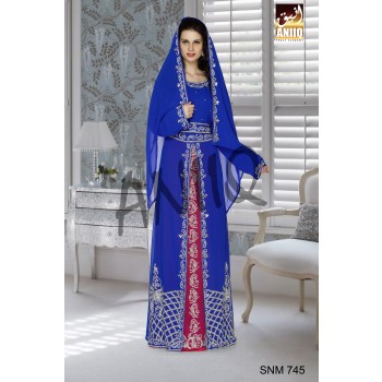 Royal Blue And Pink   Embroidered   Faux Georgette   Kaftan