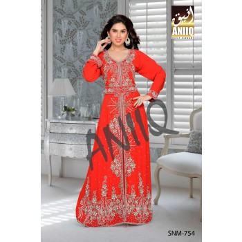 Red   Embroidered   Faux Georgette   Kaftan