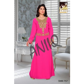 Fuchsia Pink   Embroidered   Faux Georgette   Kaftan