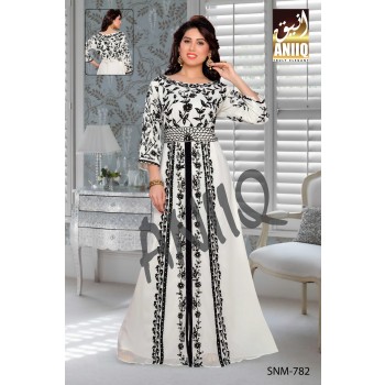 Off White   Embroidered   Faux Georgette   Kaftan