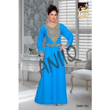 Blue  Embroidered  Faux Georgette  Kaftan