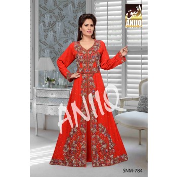 Red  Embroidered  Faux Georgette  Kaftan