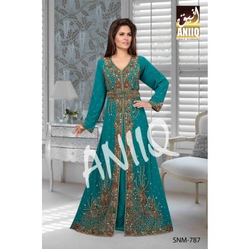 Teal   Embroidered   Faux Georgette   Kaftan