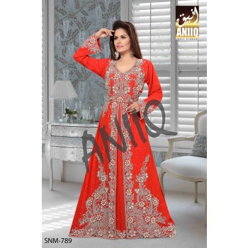 Red  Embroidered  Faux Georgette  Kaftan