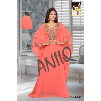 Light Coral   Embroidered   Faux Georgette   Kaftan